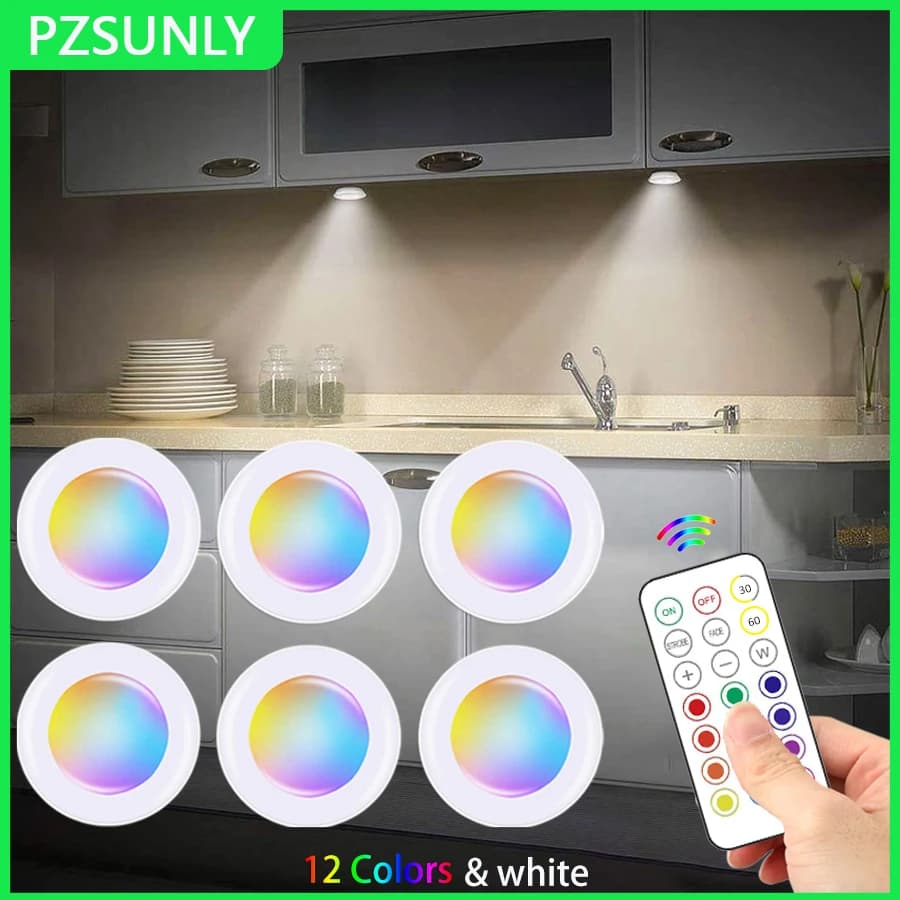 RGB Color Under Cabinet Light Wireless LED Light Remote Control 12 Color Touch Dimmable Night Light for Kitchen Closet Counter