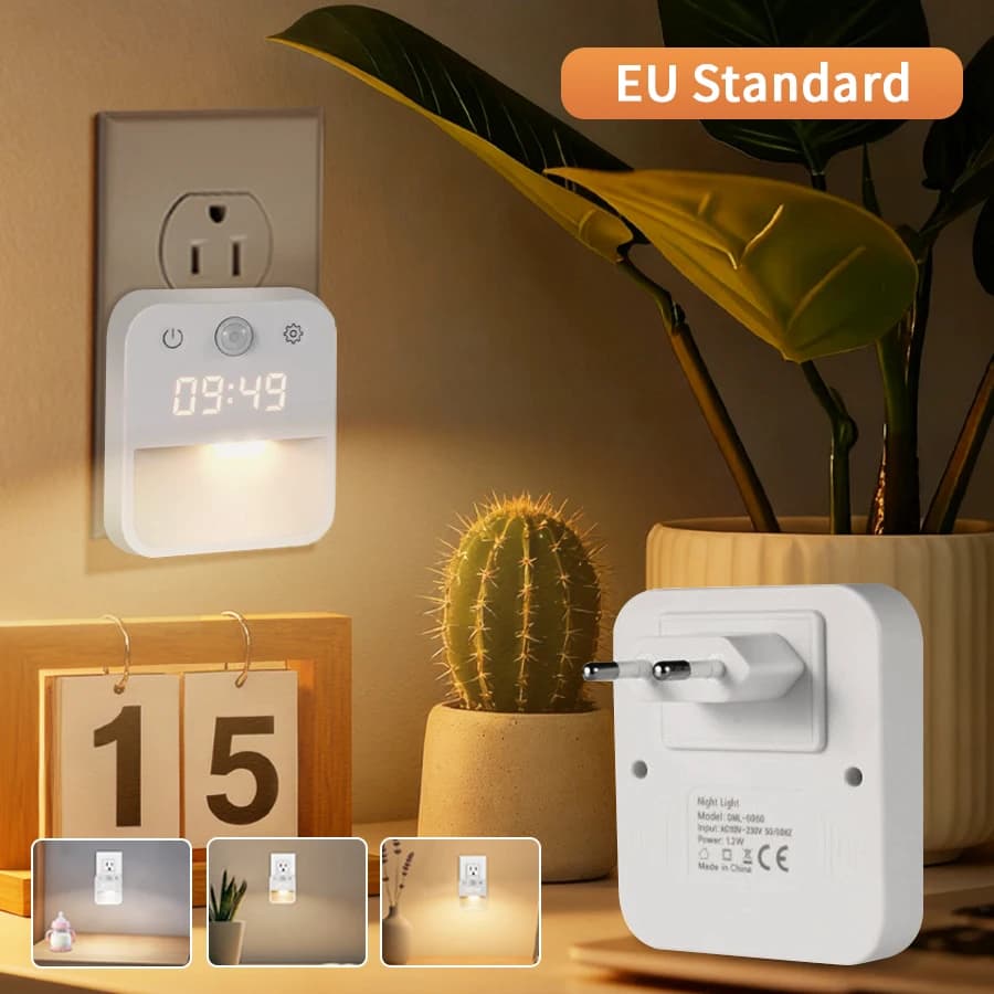 EU Standard Socket Human Sensing Light LED Corridor Sensing Night Light Unlimited Dimming Tri Color Switching with Clock Display