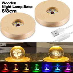 4pcs LED Wood Display Base Round USB Light Stand for Crystal Glass Resin Art Ornament Wooden Night Lamp Base LED Light Stand
