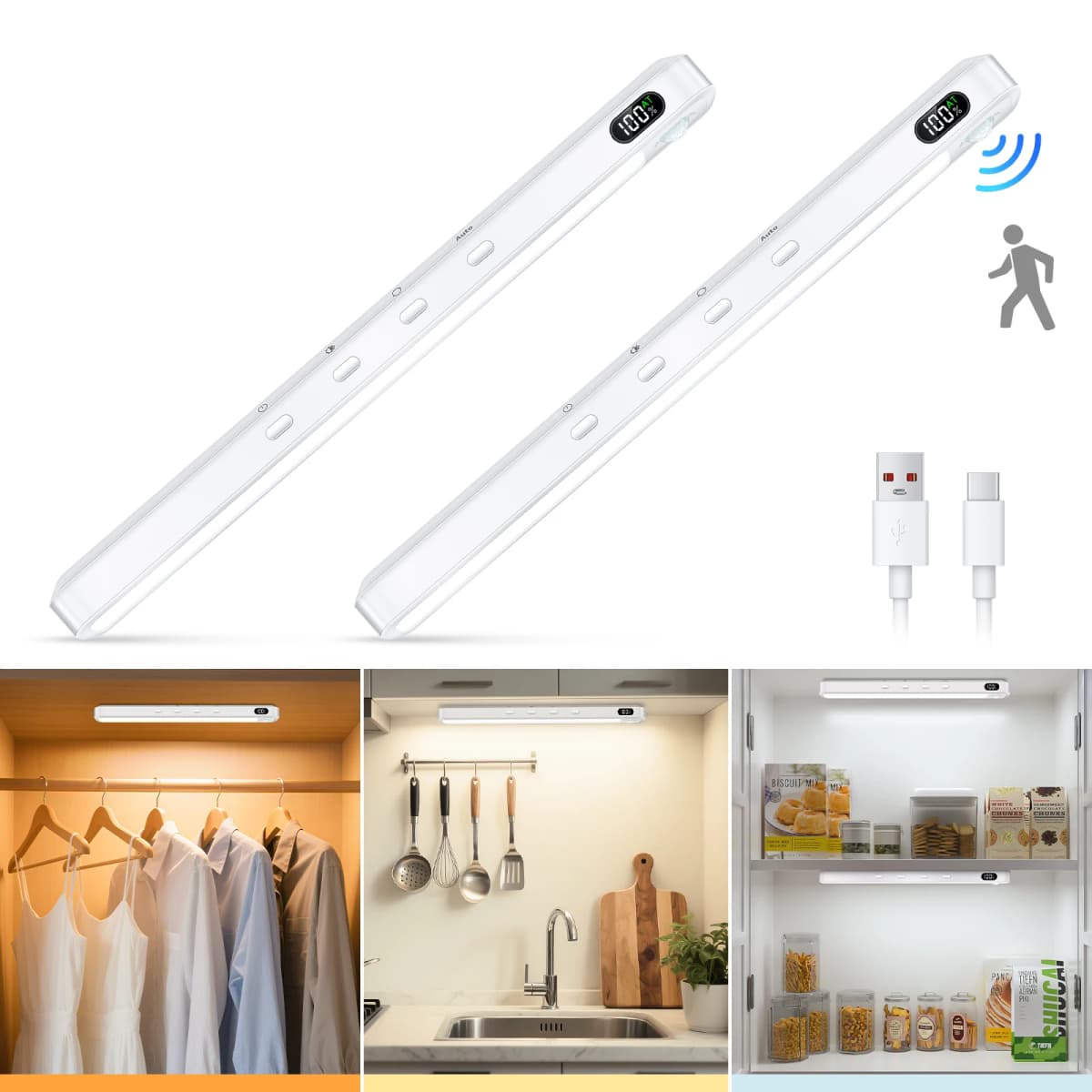 WILLED Rechargeable Motion Sensor Cabinet Light Indoor 3 Colors Dimmable Magnetic Light Bar Night Light for Cabinet Closet Desk