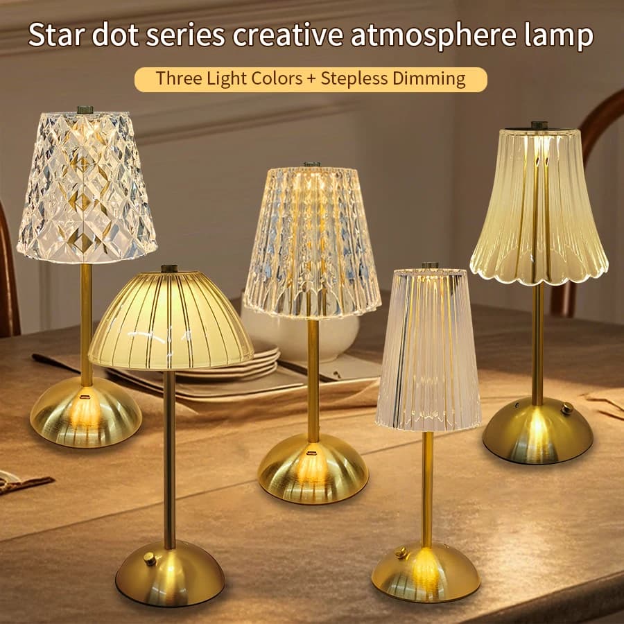 Rechargeable Touch Table Lamp 3 Colors Dimmable Artificial Crystal Lamp Portable Night Light for Bedroom Living Room Restaurant
