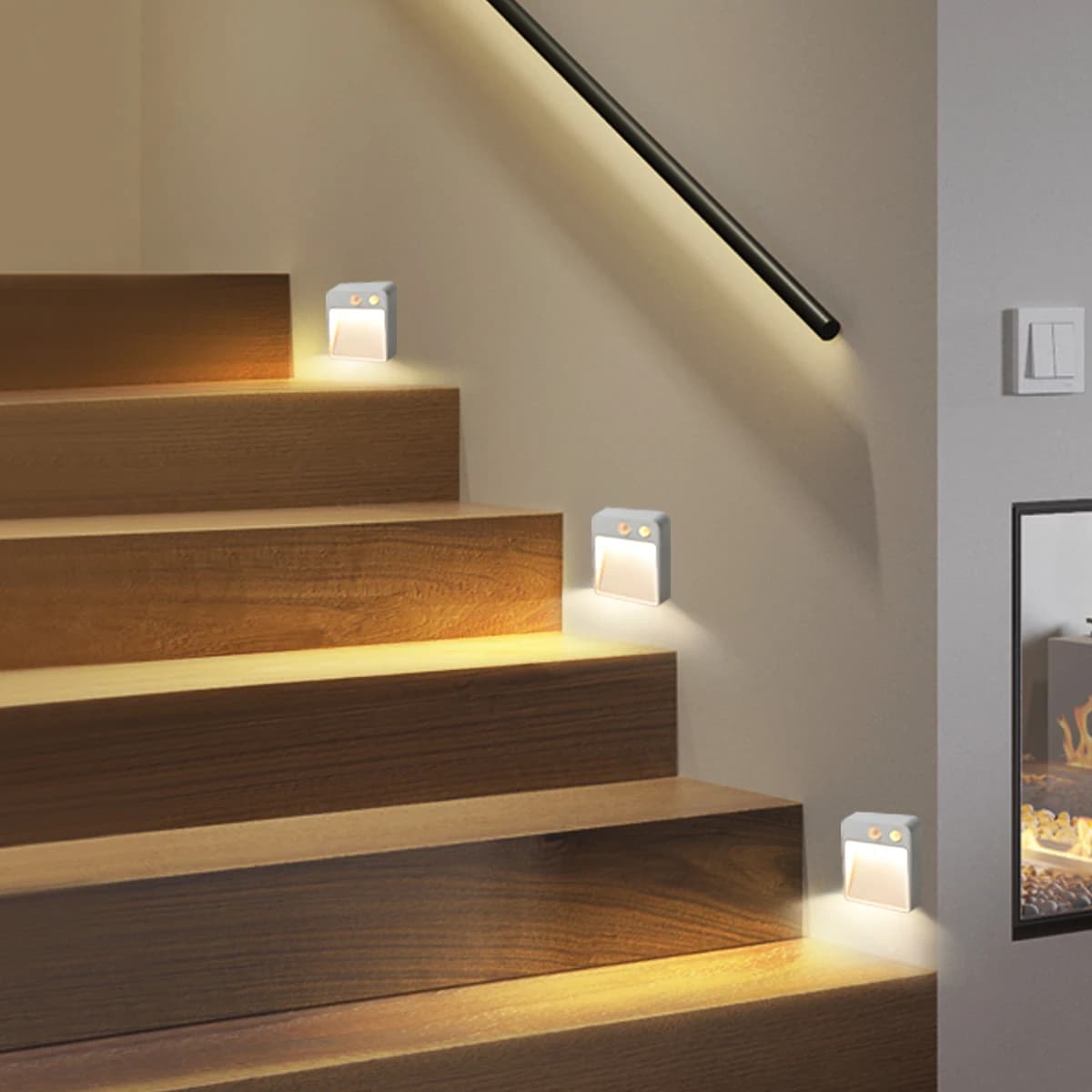 LED Night Light with Wireless Detector, AA Battery Powered Wall Lamp, PIR Motion Sensor, Auto On, Off, Cabinet, Stairs Lighting