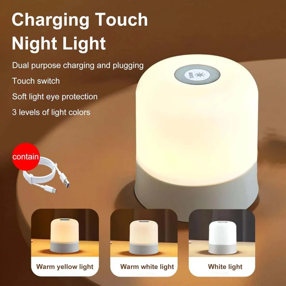 1pcPortable Baby Night Light,3 Colours Egg Light for Nursery,Rechargeable Night Light for Kids,Small Cordless Table&Bedside Lamp