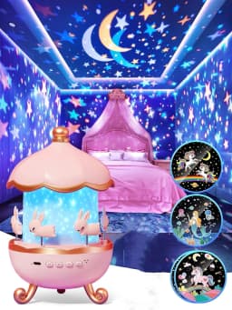 12 Films Cute Rabbit Rolling Huts Projection Night Light USB Rechargeable Starry Sky Projector Lamp with Bluetooth Music Player