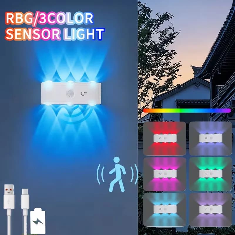 Rechargeable Motion Sensor Night Light Under Cabinet Light RGB Wall Lamp Dimmable Magnetic for Stair Suitable Bedside Wardrobe