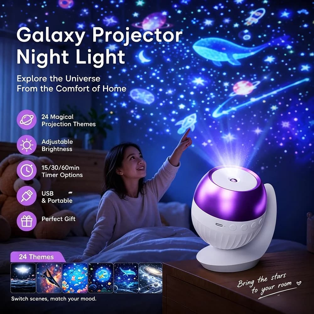 2026 Starry Ocean Galaxy Projector Night Light Auto Timer 24 Patterns 360° Rotatable Lamp with Sleep Sounds Kids Bedroom Decor G