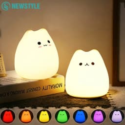 Cute Cat Night Light RGB Color Changing Nursery Nightlights with Warm White and 7-Color Breathing Modes For Kids Baby Children