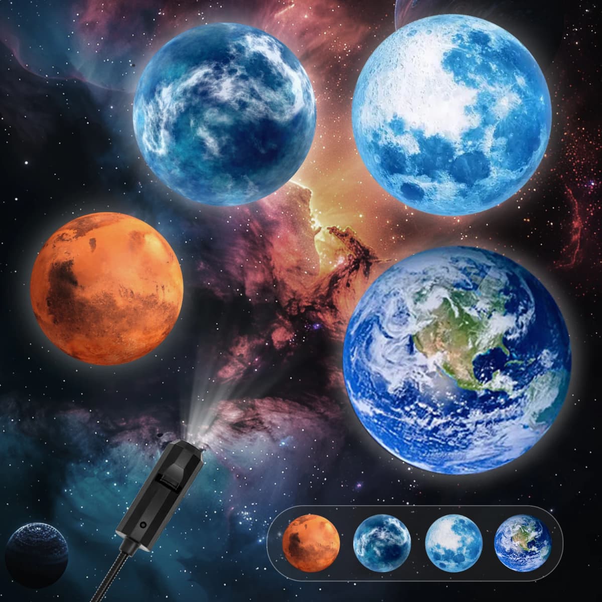 Planet Projection Lamp, 4 Planet Switching Pattern Design, USB Night Light, Suitable for Room Wall Ceiling Atmosphere Decoration