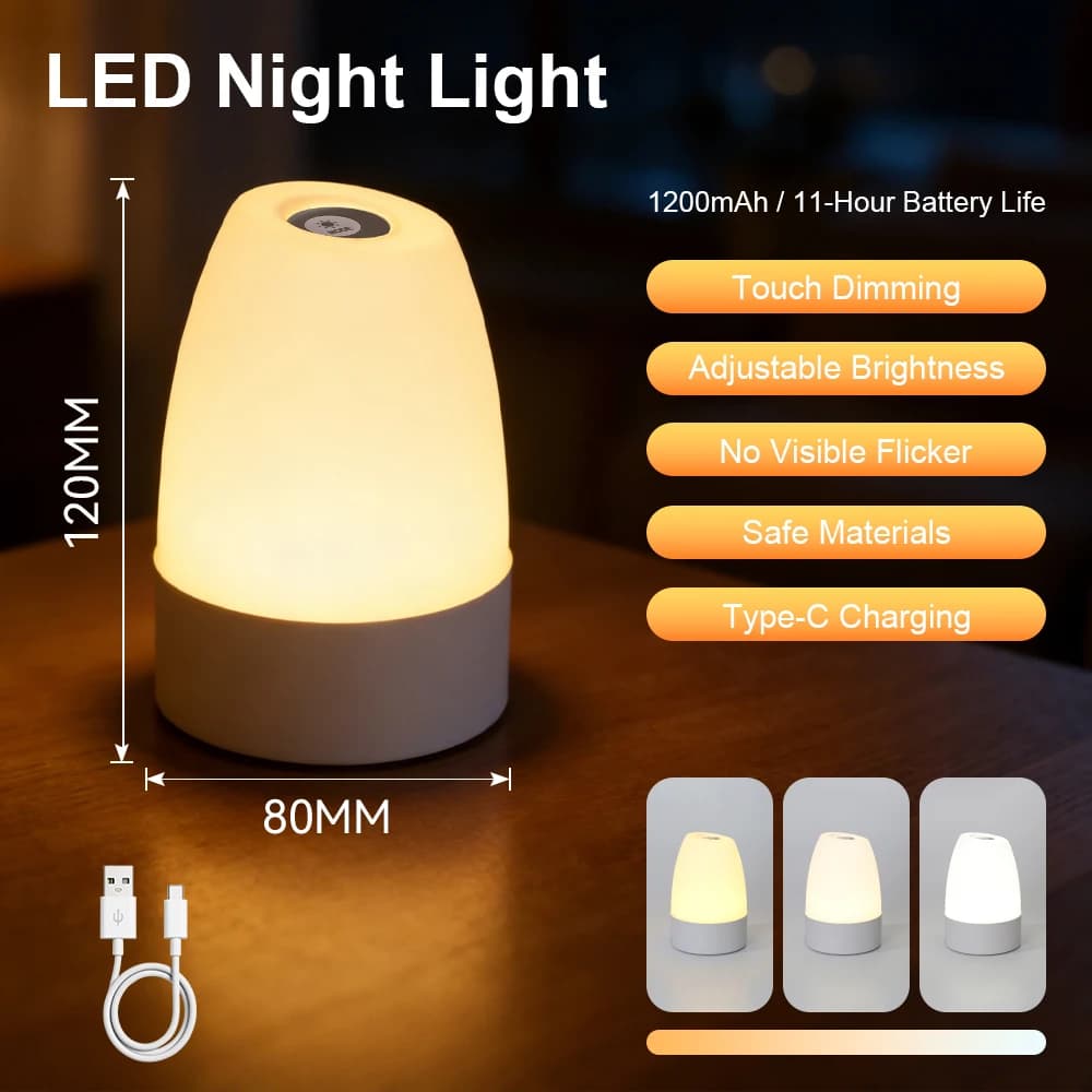 Touch Night Lamp Dimmable Rechargeable Type-C Table Lamp for Bedroom Living Room Remote Control Decor 3 Colors Night Lamp 2W