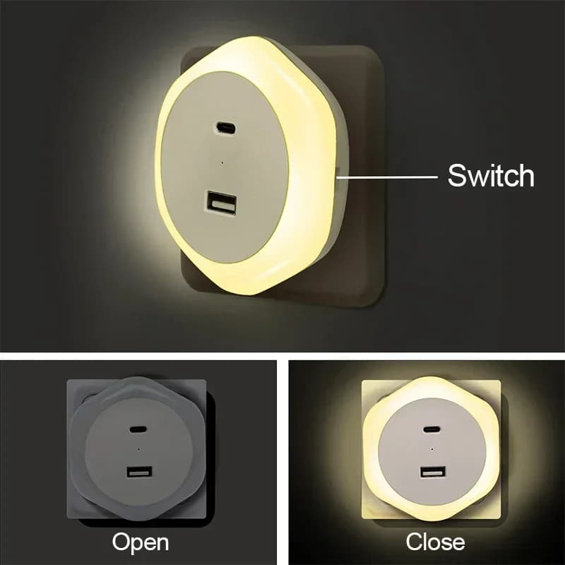 USB Plug Night Lamp EU Type-C Charger Port Auto Light Sensor Dimmable Warm White  Bedroom Hallway Stairs LED Bedside Lights