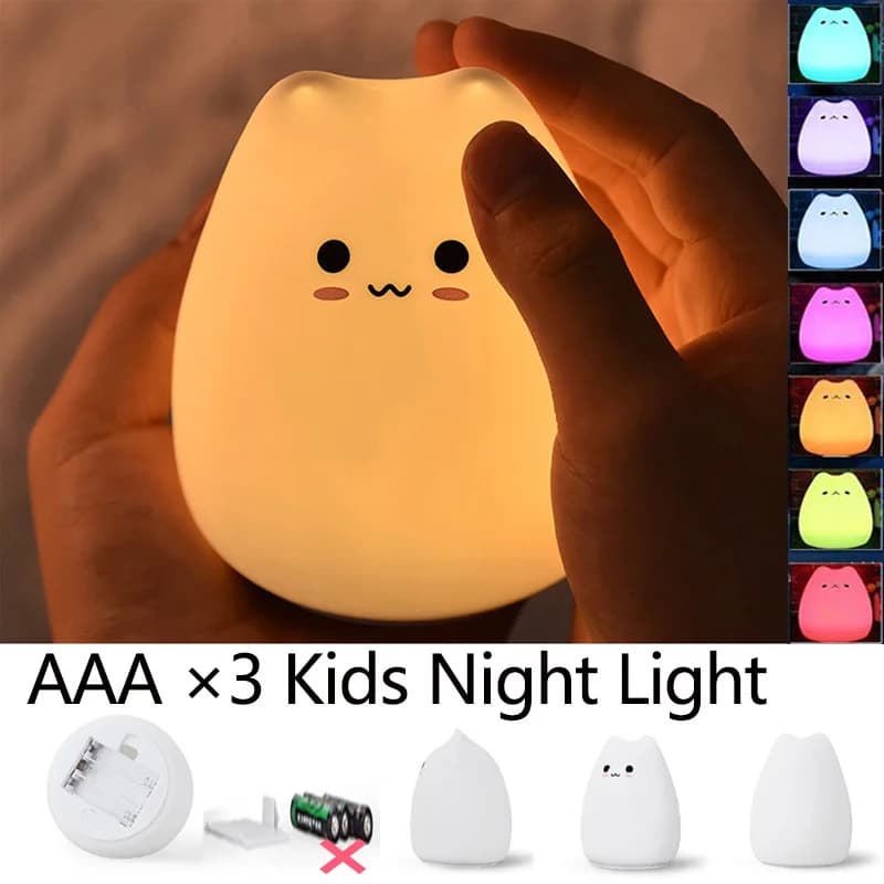 LED Cat Night Light for Kids Soft Silicone Touch Sensor 7 Colors Changing Cartoon Sleeping Lamp for Bedroom Nursery Decoration