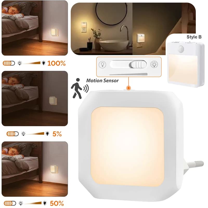Mini LED Night Lights Plug-in Motion Sensor Light Dimmable Energy Saving Square Lamp for Under Cabinet Kitchen Living Room Aisle