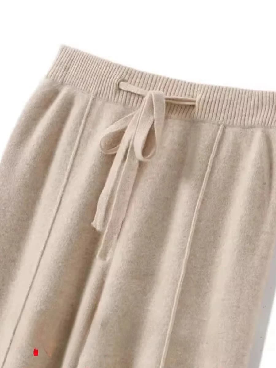 Afashion High Waist Knitted Wide Leg Pants Women's Casual Straight Leg Pants Spring Autumn New Style Belted Commute Style Slimmi