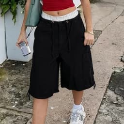 American Retro Y2K Cargo Jean Shorts Women Harajuku Drawstring Low Rise Baggy Denim Shorts Cyber Grunge Jorts Vintage Streetwear
