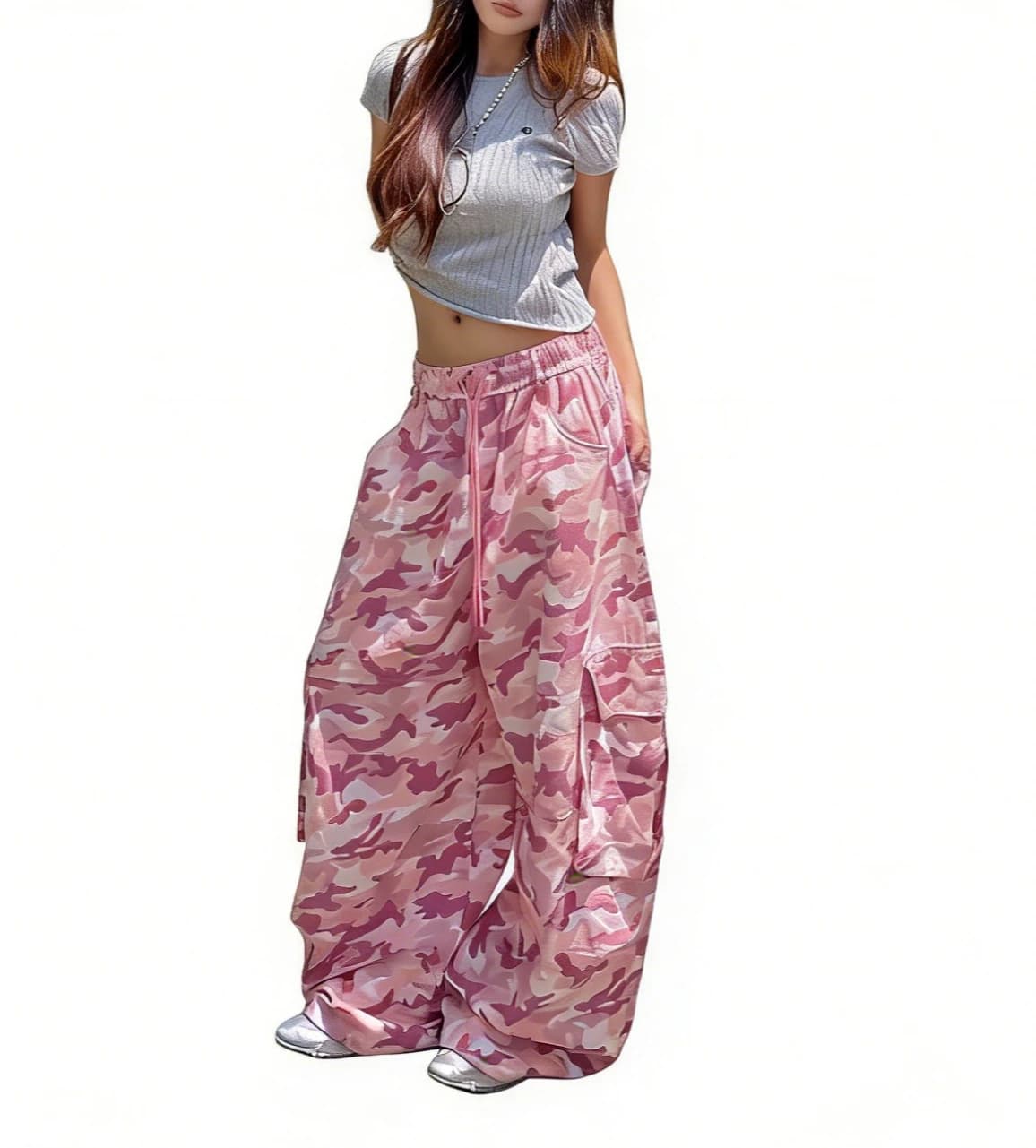 Unique Pink Camouflage Cargo Pants High Waisted Wide Leg Casual Streetwear with Drawstring Waist & Side Pockets Hip Hop Dance