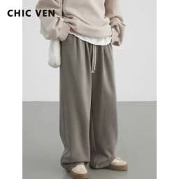 CHIC VEN Women's Pant Streetwear Solid Loose New Drawstring Sports Casual Trousers High Waisted Pants Autumn Winter 2025
