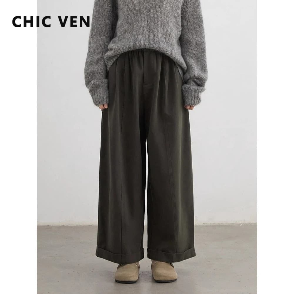 CHIC VEN Women Pants High Waist Loose Solid Wide Leg Casual Female Trousers Elastic Waist Folding Pants Autumn Winter 2025