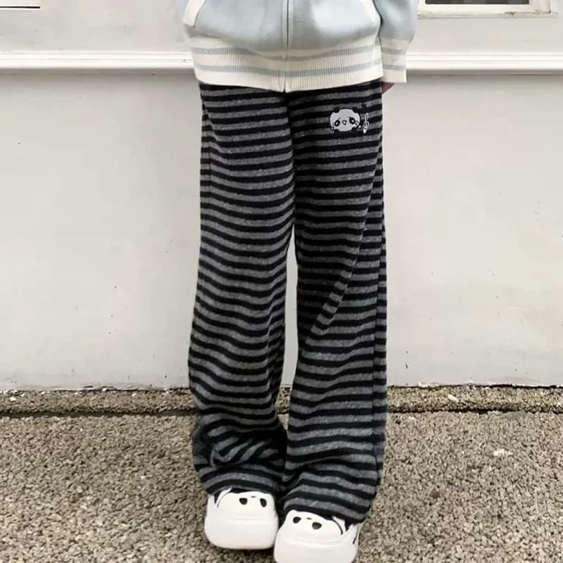 Harajuku Cartoon Embroidery Pants Women Kawaii Striped Loose Casual Korean Trouser Y2K Subculture Vintage Female Wide Leg Pants