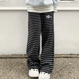Harajuku Cartoon Embroidery Pants Women Kawaii Striped Loose Casual Korean Trouser Y2K Subculture Vintage Female Wide Leg Pants