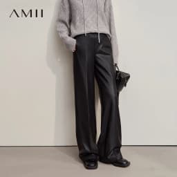 AMII Pants For Woman 2026 Winter New Minimalist Commuter PU Leather Loose Wide-leg Pants Casual Office Lady Trousers 12524063