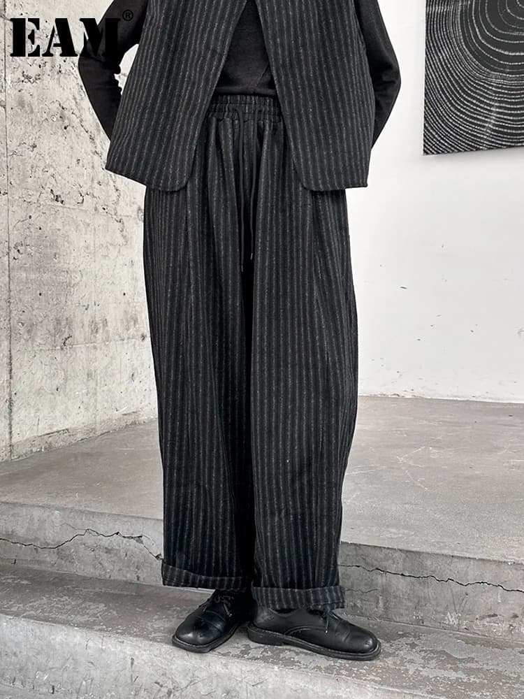[EAM]  High Elastic Waist Black Stripe Wide Leg Thick Woolen Pants New Trousers Women Fashion Tide Autumn Winter 2026 1DH2448