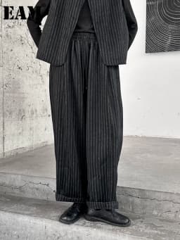 [EAM]  High Elastic Waist Black Stripe Wide Leg Thick Woolen Pants New Trousers Women Fashion Tide Autumn Winter 2026 1DH2448