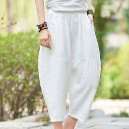 Johnature 2025 Summer Autumn Loose Vintage Pants New Women Solid Color Elastic Waist Pockets Ramie Ankle-Length Pants