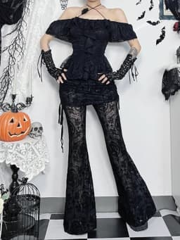 AltGoth Gothic Dark Flocking Pants Women Streetwear Aesthetic Emo Alt Grunge See Through Lace-up High Waist Flare Pants Female