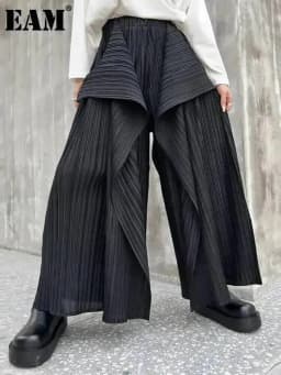 EAM Black Pleated Irregular High Elastic Waist Wide Leg Pants New Loose Trousers Women Fashion Tide Autumn 2026 30A2833