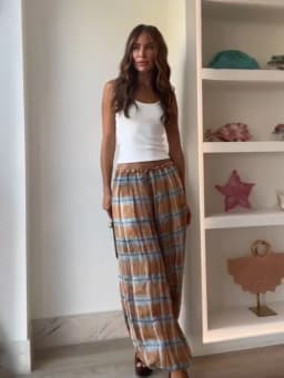 HH Women Autumn New Ramie Bloomers Plaid Printed Loose Pants Female Fashion Versatile Drawstring Streetwear Casual Trousers