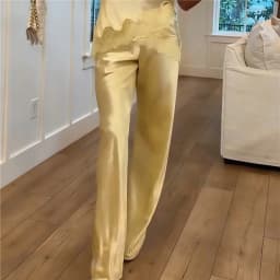 Women Satin Wide Leg Flowy Pants Silk Casual Dressy Long Dress Pants Elastic Solid Color Satin Pant Waisted Trousers