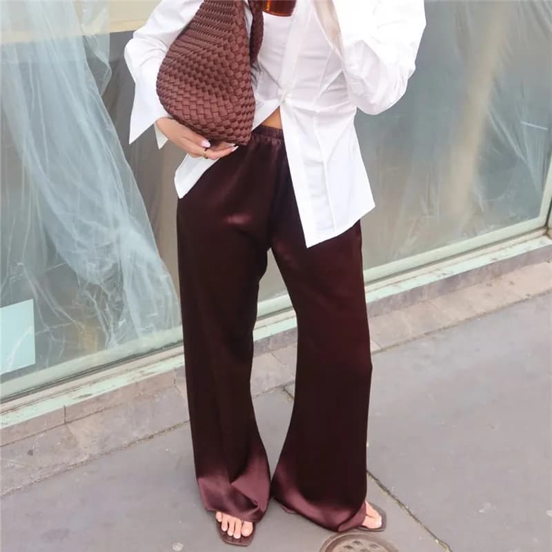 Women Satin Wide Leg Flowy Pants Silk Casual Dressy Long Dress Pants Elastic Solid Color Satin Pant Waisted Trousers