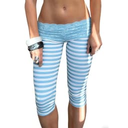 Women Y2K Striped Lace Trim Capri Pants Low Rise Fold Over Leggings Fitted Cropped Pants for Lounge Yoga Athletic Streetwear