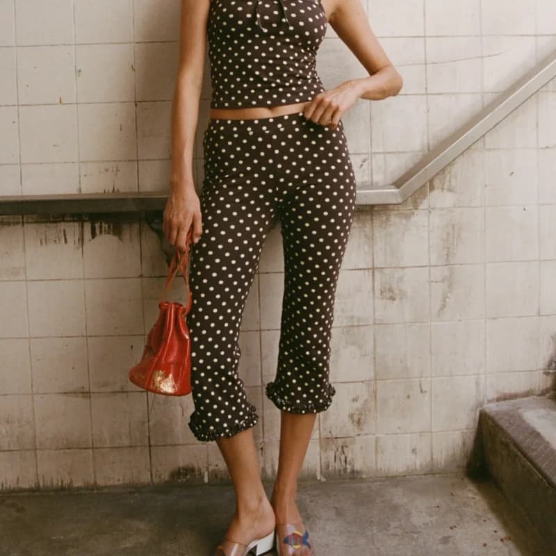 Low Rise Elastic Waist Capri Pants Women Y2k Knee Length Cropped Leggings 00s Summer Dot Print Crop Tights Bottoms Streetwear