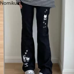 Japanese Y2k Pants Women Streetwear Skull Print Black Pantalon Femme Elastic Waist Casual Fashion Trousers 2025 New Bottoms