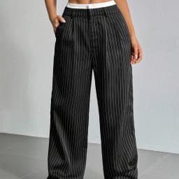 High Waist Stripe Printed Spliced Suit Trousers Women Casual Loose Straight Wide Pants Simple All-Match Draped Full Length Pants