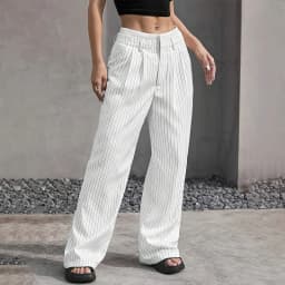 High Waist Stripe Printed Spliced Suit Trousers Women Casual Loose Straight Wide Pants Simple All-Match Draped Full Length Pants