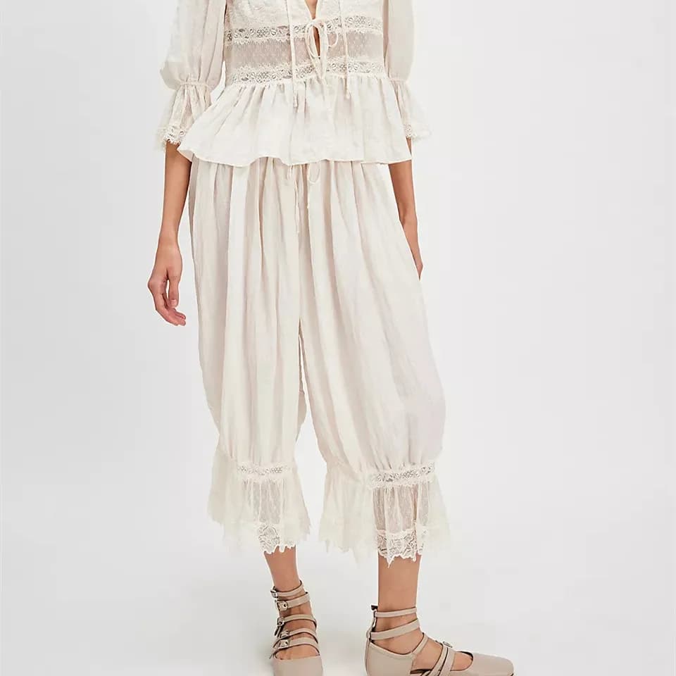 Women Y2K Lace Trim Pants Vintage Pettipants Long Bloomers Pants Under Dress Pantaloons Cute Ruffle Pumpkin Pants