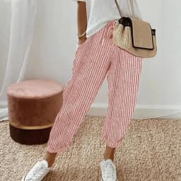 European and American Cross border Women's Summer New Fashionable Loose Stripe Printed Elastic Waist Drawstring Casual Pants