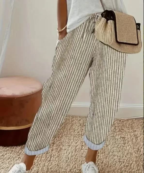European and American Cross border Women's Summer New Fashionable Loose Stripe Printed Elastic Waist Drawstring Casual Pants