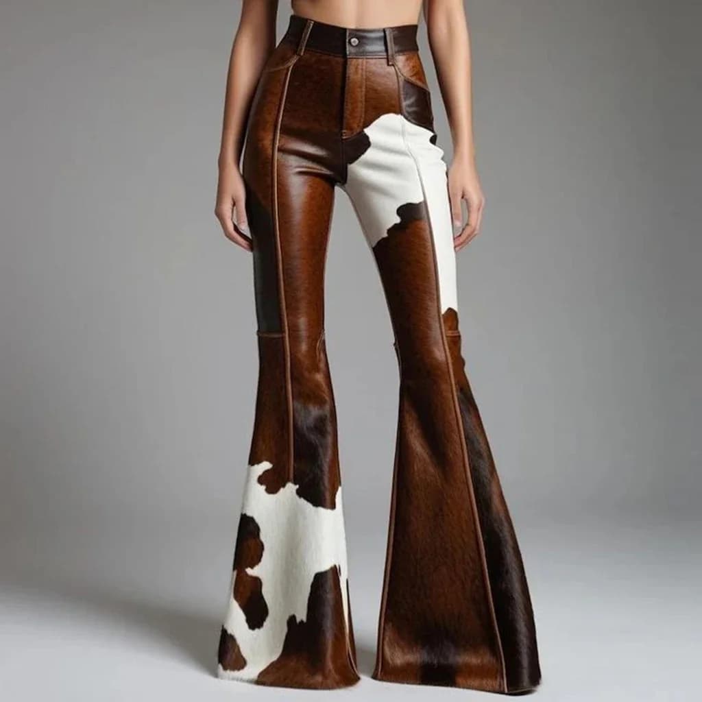 Women's Cow Pattern Leather PU Flare Pant High Waist Slim Faux Leather Trousers High Street Fashion Casual Capris 2025