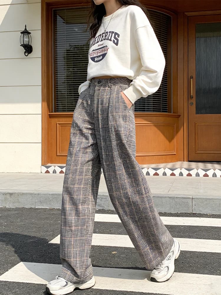 SLTNX 2026 Retro Chic Plaid Pants Women's Loose Pants Fashion Street Casual Pants Office Wear
