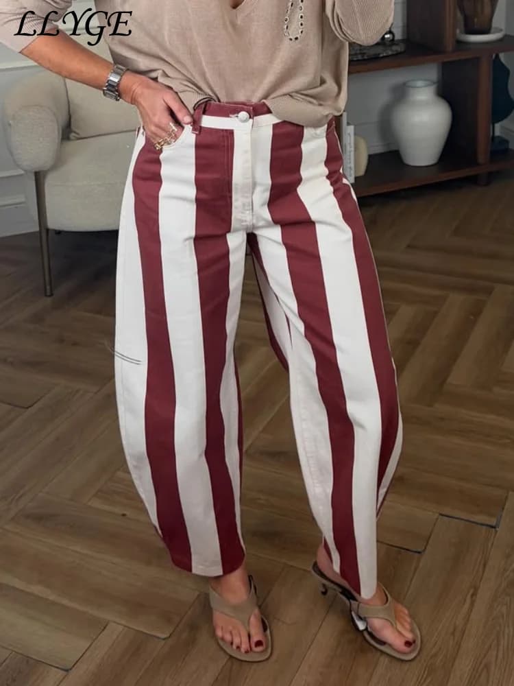 Casual Stripe Contrast Women's Pants Loose Zipper Button Pocket Wide Leg Female Pant 2026 Spring Summer Lady All-match Trousers