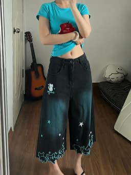Women High Waist Cute Cartoon Cat Embroidery Jeans Girls Vintage Y2k Clothes Calf Length Denim Pants Harajuku Blue Streetwear