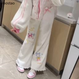 Japanese Kawaii Lolita Style Corduroy Pants Women Sweet Cute Cartoon Embroidery Casual Trousers Harajuku Subculture Sweatpants