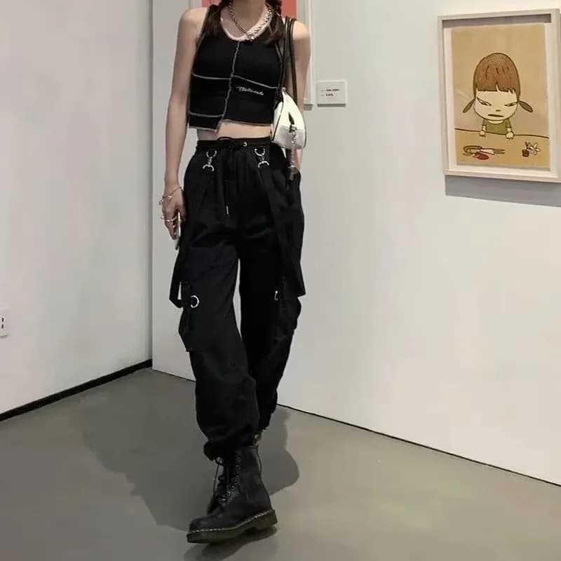 2025 New Harajuku Goth Jogging Cargo Pants Women Streetwear Black High Waist Solid Color Oversized Pants Casual Trousers Female