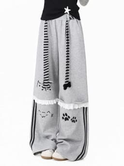 NICEMIX Kaomoji Sweatpants Women Cute Kawaii Cutecore Harajuku Jirai Kei Baggy Wide Leg Gray Joggers Y2K Alt Streetwear Pants