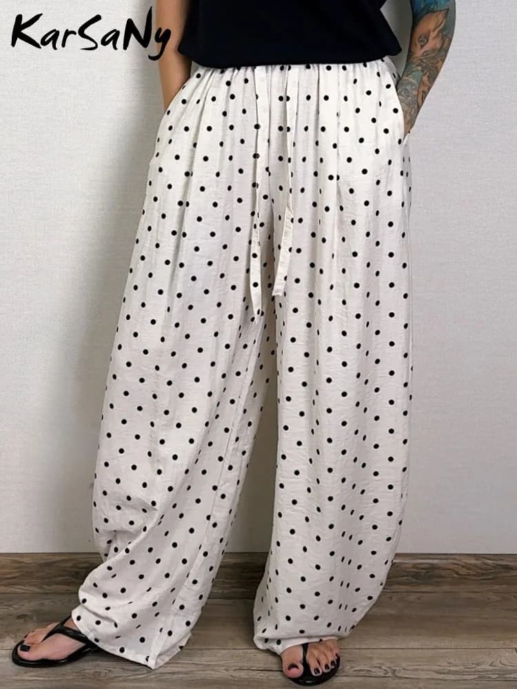 Polka Dot Cotton Linen Pants White Women Wide Leg Summer Spring Baggy Trousers For Woman High Waist Linen Loose Pants Women