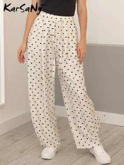 Polka Dot Cotton Linen Pants White Women Wide Leg Summer Spring Baggy Trousers For Woman High Waist Linen Loose Pants Women
