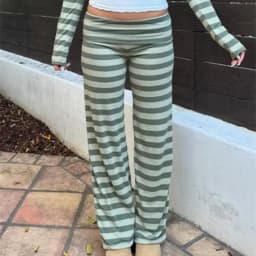 Women Y2k Striped Fold Over Pants Low Rise Yoga Pants Lounge Bottoms Color Block Wide Leg Flare Leggings Sweatpants